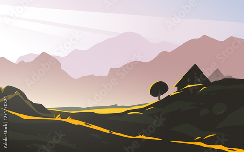 Vector flat landscape minimalistic illustration of wild nature mountain morning view with sky, sunlight, cozy house. For travel banner, card, vacation touristic advertising, brochure, flayer etc.