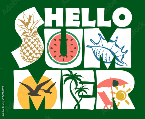 emblem of hello summer lettering with beach  pineapple and watermelon isolated