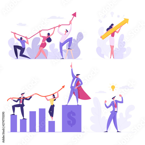 Business Team Concept. Businesspeople Hold Financial Arrow Graph. Data Analysis, Goal Achievement, Investment Management. Competition, Goal Achievement, Creative Idea Cartoon Flat Vector Illustration