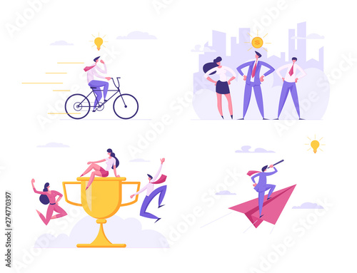 Creative Idea, Business Team, Winner Celebration, Success, Champion Leadership, Goal Achievement. Man Leader Stand on Huge Goblet, Business Vision, Future Strategy, Cartoon Flat Vector Illustration