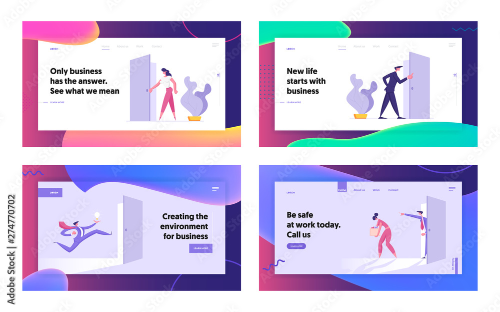 Business People Office Lifestyle Website Landing Page Set, Characters Stand at Doors Entrance, New Opportunity, Success, Career Growth, Dismissal, Web Page. Cartoon Flat Vector Illustration, Banner Business People Office Lifestyle Website Landing Page Set, Characters Stand at Doors Entrance, New Opportunity, Success, Career Growth, Dismissal, Web Page. Cartoon Flat Vector Illustration, Banner