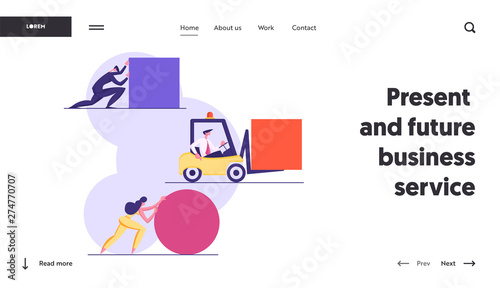 Business People Pushing Huge Geometric Shapes Circle, Square. Men and Woman Fight in Business Competition Challenge, Leadership Website Landing Page, Web Page. Cartoon Flat Vector Illustration, Banner