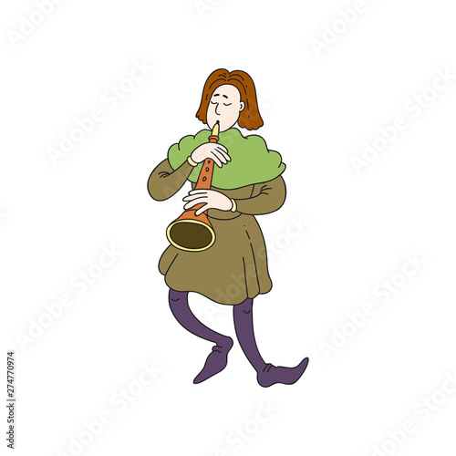 Medieval castle musician man with long trumpet in green clothes