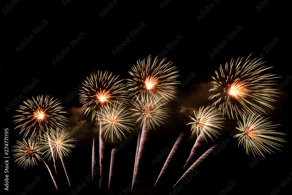 row of fire work on black background