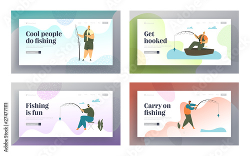 Fishermen with Rod Having Good Catch Website Landing Page Set. Relaxing Summertime Hobby, Sport Activity, Vacation Spending Time, Leisure, Relax, Web Page. Cartoon Flat Vector Illustration, Banner
