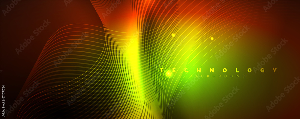 Bright neon circles and wave lines, glowing shiny background design template, digital techno concept.