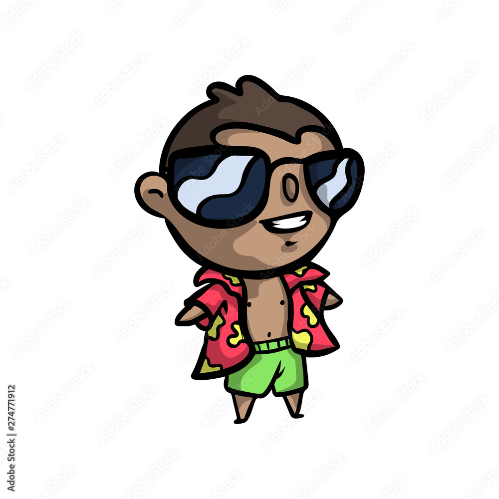 Cute hawaii young boy in green shorts and black sunglasses
