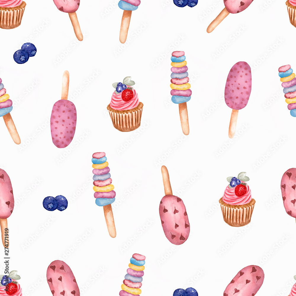 Seamless  watercolor pattern  of hand painted sweet and tasty cakes with berries , cupcake, macaroons and ice cream on stick. Summer delicious dessert background.