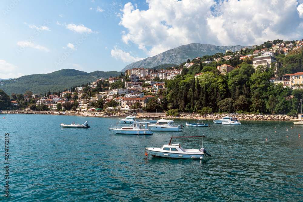 Yachts in port on the background of the Herceg Novi, Montenegro