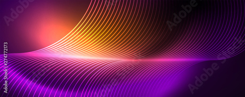 Shiny neon lights, dark abstract background with blurred magic neon light curved lines