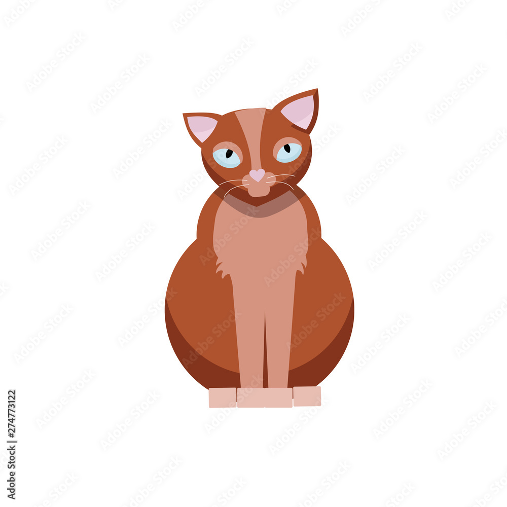 Sitting cute cat. Brown kitty flat cartoon vector illustraton isolated on white background