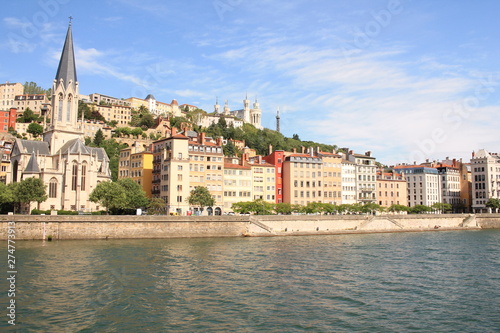 The old city of Lyon, the Saone river and the basilica of Notre Dame de Fourviere, France