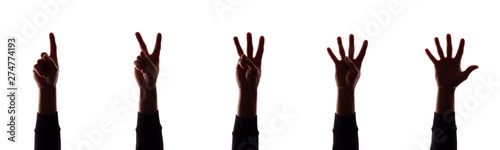 Many hand's young man with fingers apart, numbers - silhouette, concept