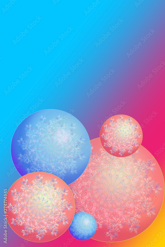Beautiful glowing balls with snowflakes. Christmas balls. Happy New Year card. Copy space