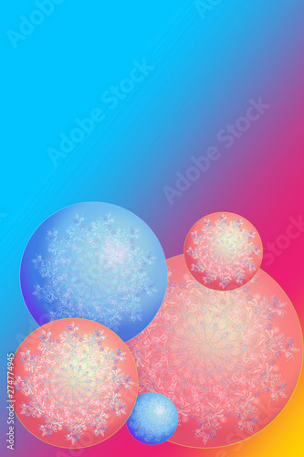 Beautiful glowing balls with snowflakes. Christmas balls. Happy New Year card. Copy space