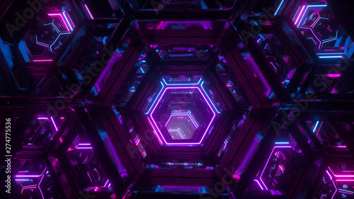 Fototapeta Naklejka Na Ścianę i Meble -  Flying through endless luminous tunnel. Construction with neon glowing hexagons. Hyper loop. Abstract creative futuristic background. Reflective surfaces. Modern colorful illumination. 3d rendering
