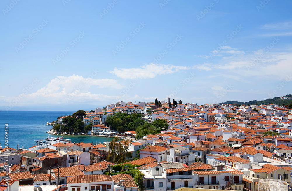 Beautiful panoramic view of old town on Skiathos Island, Northen Sporades, Greece