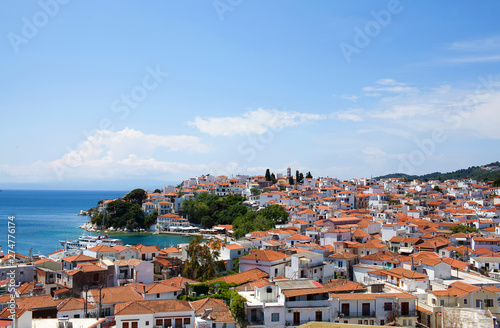 Beautiful panoramic view of old town on Skiathos Island, Northen Sporades, Greece © Zzvet