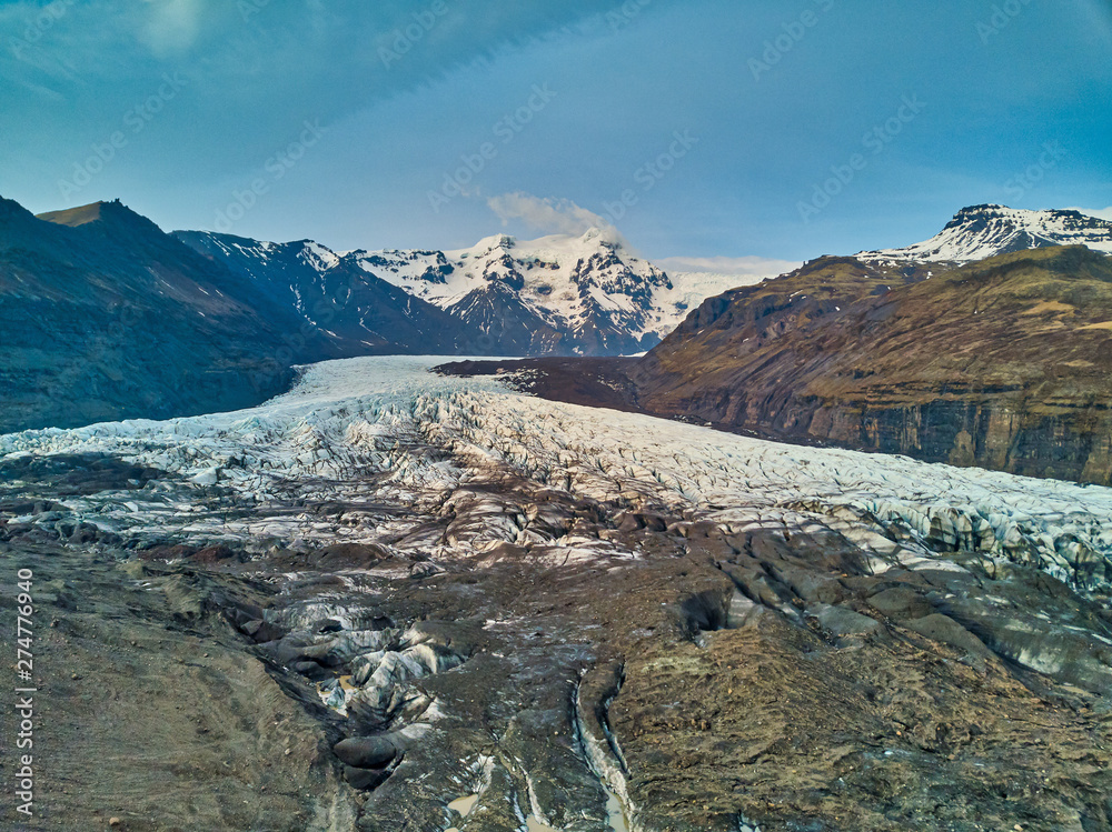 aerial drone image of The beautiful Skaftafell glacier deep in the mountains of Iceland