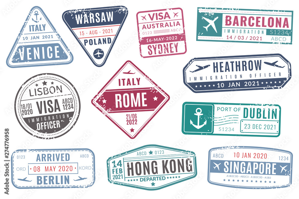 Airport stamps. Vintage travel passport visa immigration arrived stamp with grunge texture. Isolated vector set