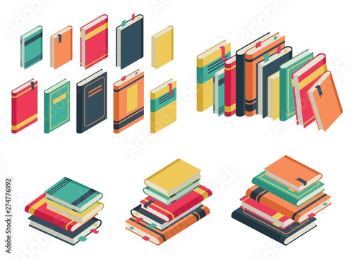 Isometric book set. Books school library publishing dictionary textbook magazine closed page for studying vector collection