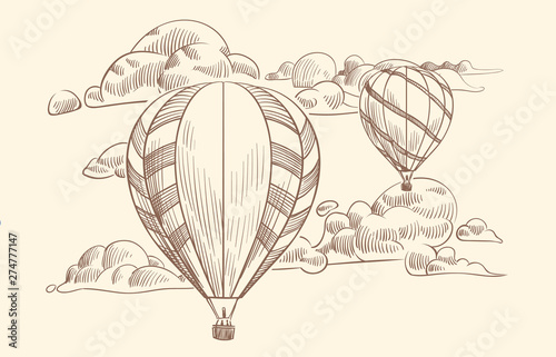 Sketch air balloon in clouds. Flight travel by air balloons with basket in cloudy sky. Doodle drawing vintage vector poster
