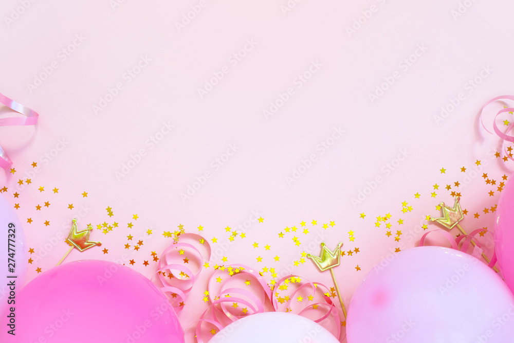 Soft pink birthday background with balloons Stock Photo | Adobe Stock