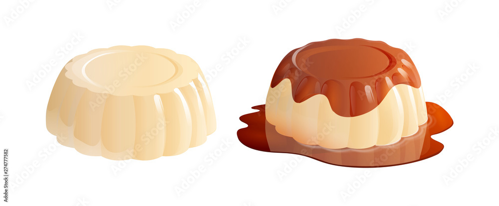 Panna cotta dessert with and without caramel sauce. Vector illustration isolated on white background.