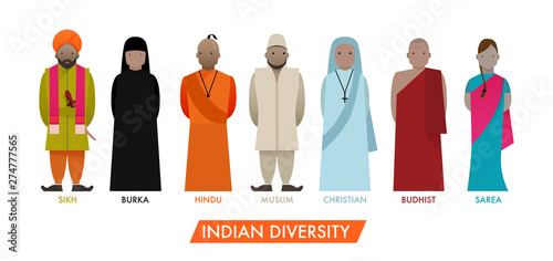 Group of Indian people standing together in different traditional, national and religious clothes on white background in flat style. High-quality Vector illustration Social, religious, diversity