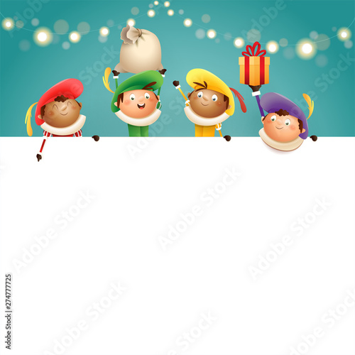 Saint Nicholas helpers Zwarte Piets on board - happy cute characters celebrate Dutch holiday - vector illustration on turquoise background with lights