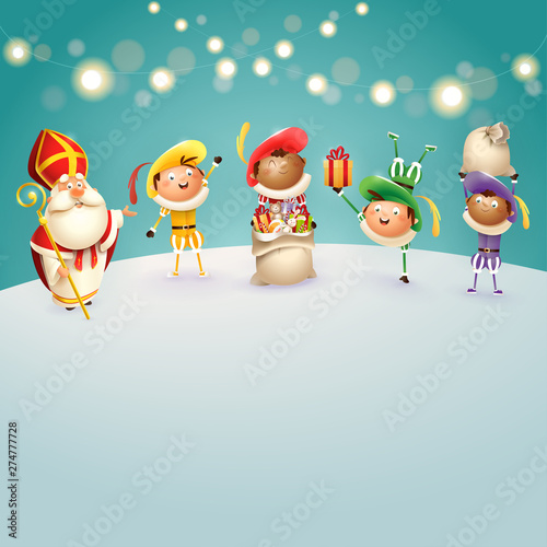 Saint Nicholas and Zwarte Piets celebrate Dutch holidays - turquoise background with lights - vector illustration