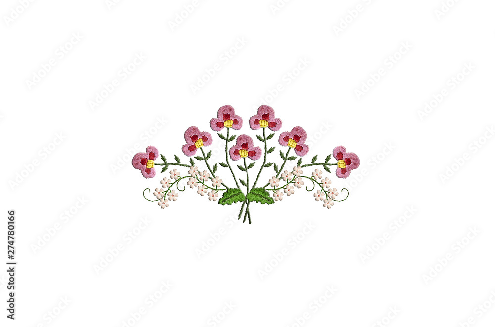 White background with pattern for embroidery satin stitch bouquet with pink and white flowers on the branches with leaves White background with pattern for embroidery satin stitch bouquet with pink and white flowers on the branches with leaves