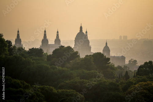 Silhouette of the Museum of Art of Catalonia in Barcelona in haze