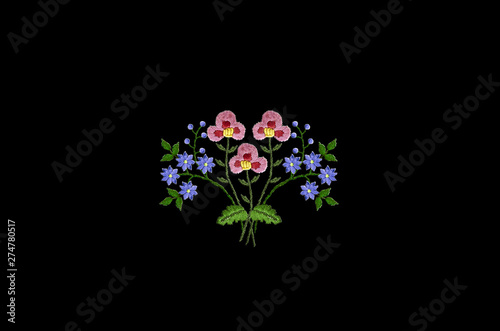 Pattern with bouquet of delicate blue and pink flowers with stems and leaves for embroidery stitch on a black background