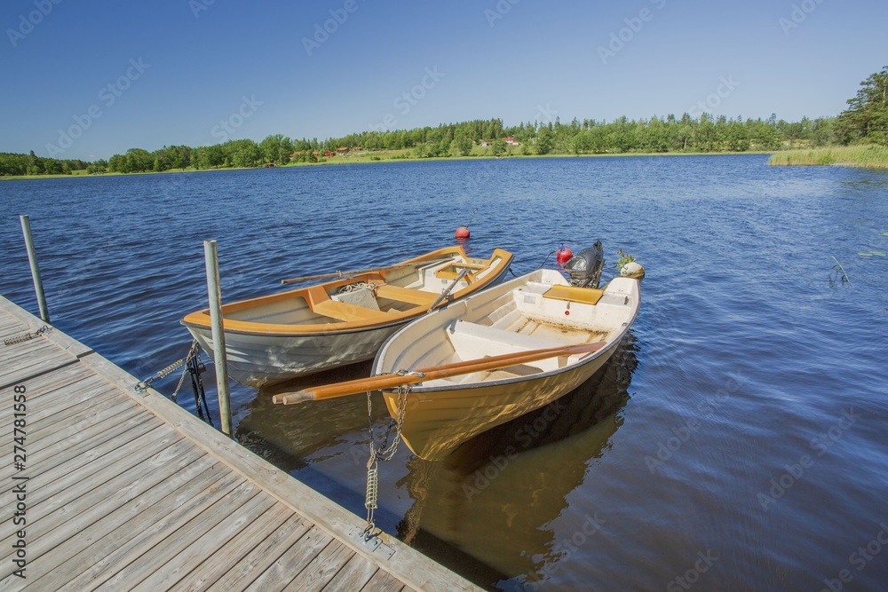 View of lake with two boats parked in shore on blue sky background. Beautiful nature landscape backgrounds.