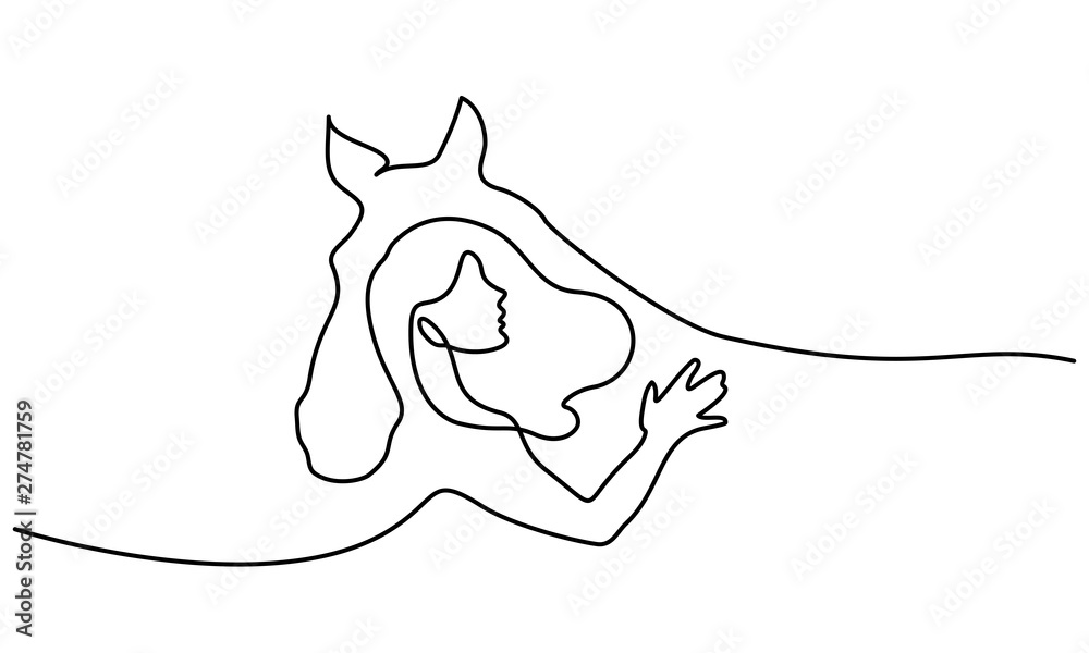 Fototapeta Jeden rysunek linii. Logo głowy konia i kobiety