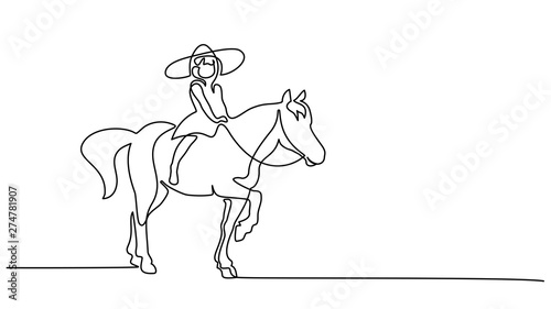 One line drawing. Small girl riding a horse