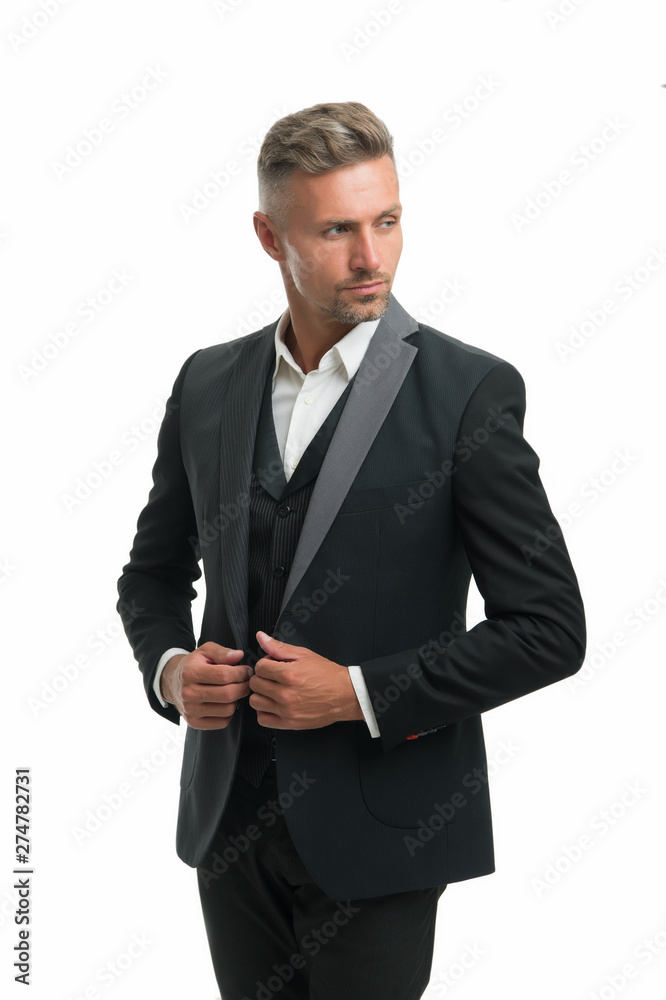 Tailored suit. Rent suit service. Elegant outfit. Gentleman fashion style. Menswear concept. Guy well groomed handsome macho wear black tuxedo. Groom fashion trend. Fashion clothes. Modern trend Tailored suit. Rent suit service. Elegant outfit. Gentleman fashion style. Menswear concept. Guy well groomed handsome macho wear black tuxedo. Groom fashion trend. Fashion clothes. Modern trend