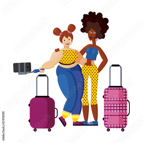 Fotografie Two girlfriends slender African-American and buxom European make selfie in airpo