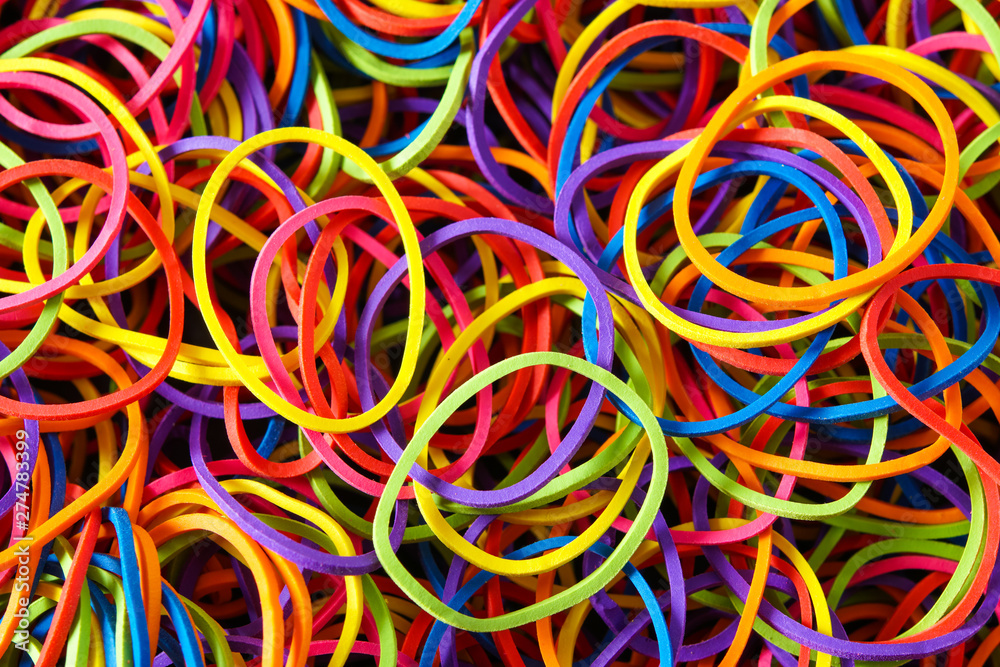 detail of multi colorful rubber band background , top view