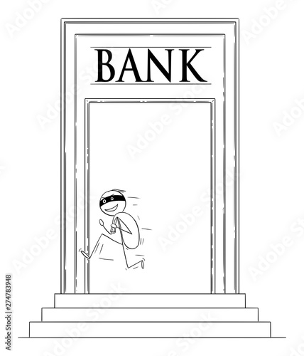 Vector cartoon stick figure drawing conceptual illustration of robber or man in mask running away from bank building with stolen bag of dollars or cash money.