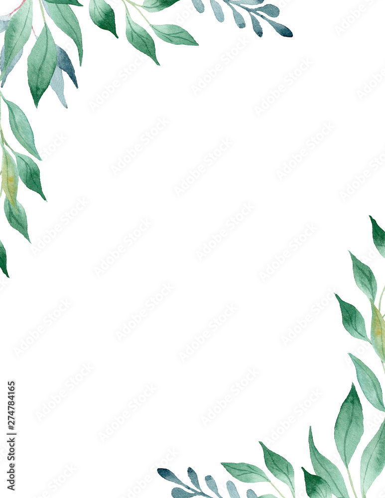 Green leaves watercolor hand drawn raster frame template