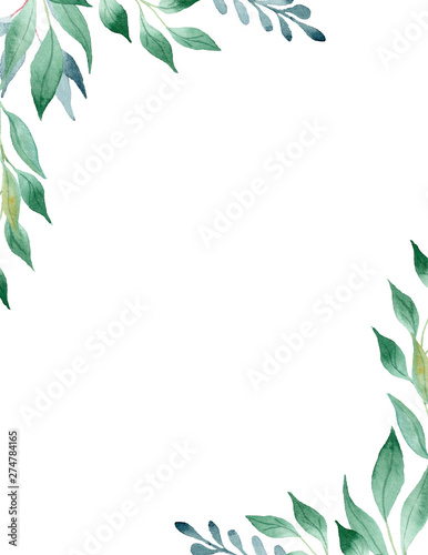 Obraz na płótnie Green leaves watercolor hand drawn raster frame template w salonie