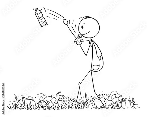 Vector cartoon stick figure drawing conceptual illustration of hiker or man with backpack hiking or walking in nature full of waste and trash, and throwing plastic bottle away.