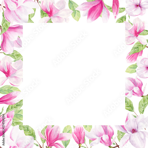 Magnolia flower watercolor hand drawn raster frame template