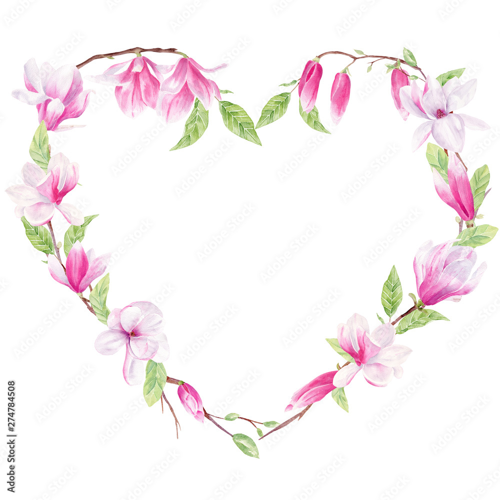 Magnolia branches watercolor hand drawn raster frame template Magnolia branches watercolor hand drawn raster frame template