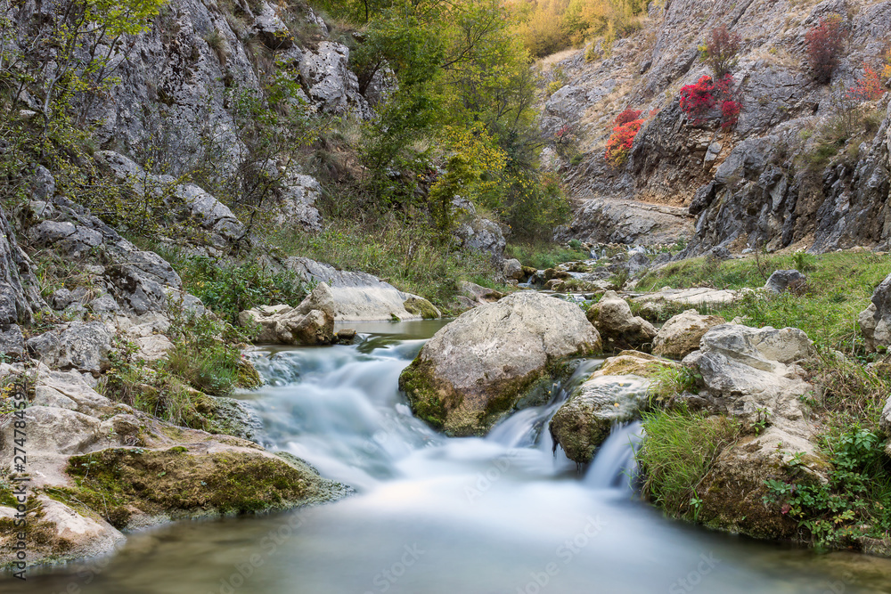 Long exposure, low angle view of powerful mountain creek in a canyon and red autumn trees growing from rocky cliff Long exposure, low angle view of powerful mountain creek in a canyon and red autumn trees growing from rocky cliff