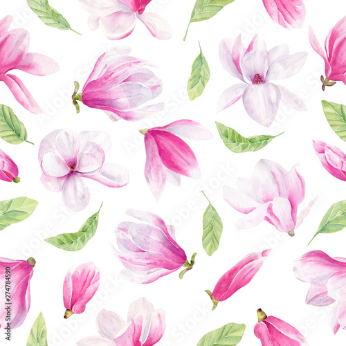 Magnolia flowers and leaves hand drawn watercolor seamless pattern