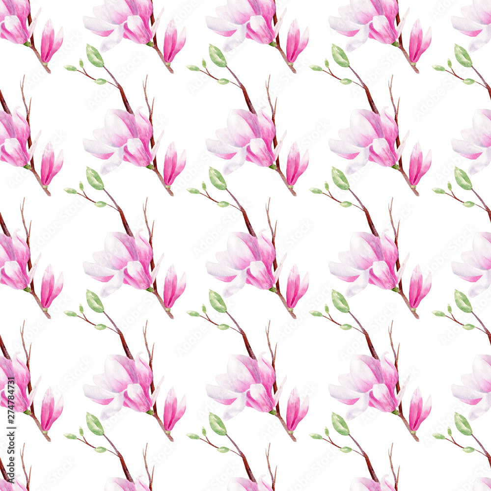 Magnolia bloom on branch hand drawn watercolor seamless pattern