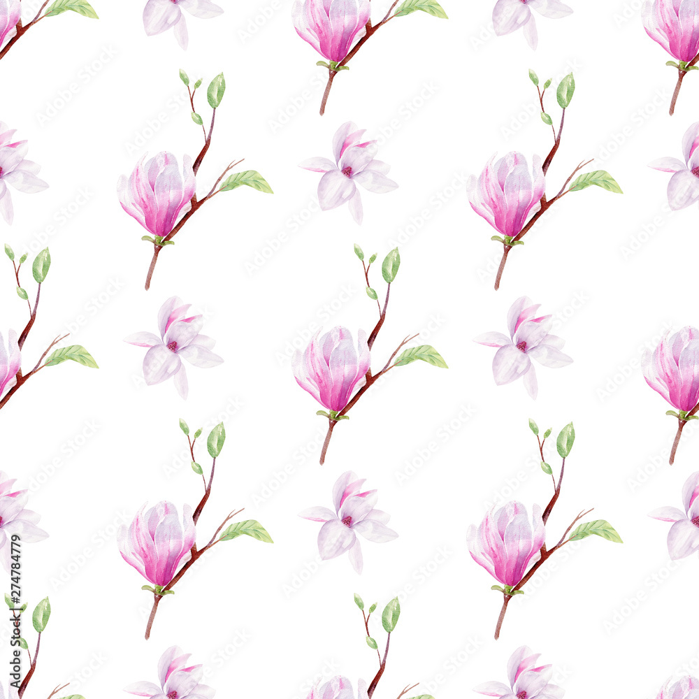 Magnolia tree branches hand drawn watercolor seamless pattern